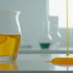 Un beaker de laboratorio con un líquido amarillo brillante o naranja flotando de él