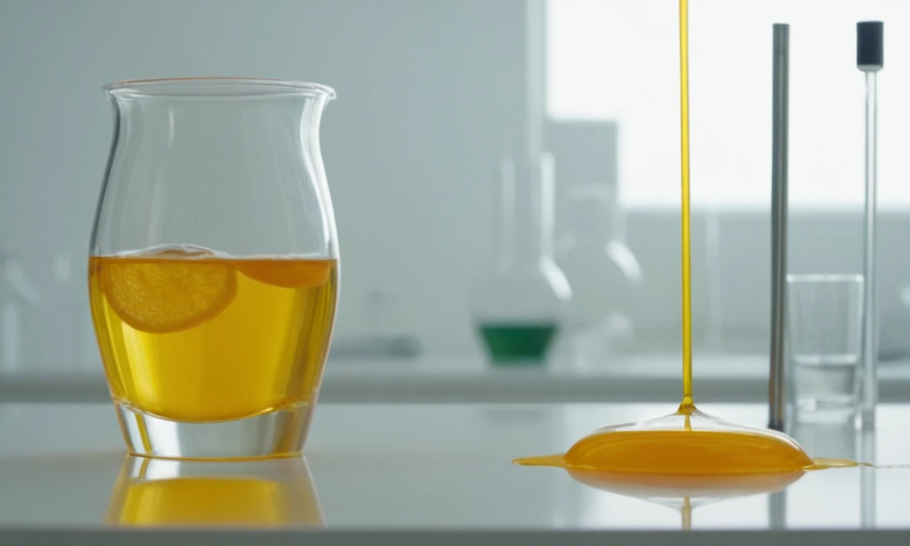 Un beaker de laboratorio con un líquido amarillo brillante o naranja flotando de él