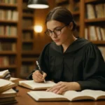 Una persona sentada en un escritorio o mesa de lectura con libros apilados alto
