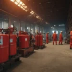 ilustración 3D del entorno industrial con trabajadores