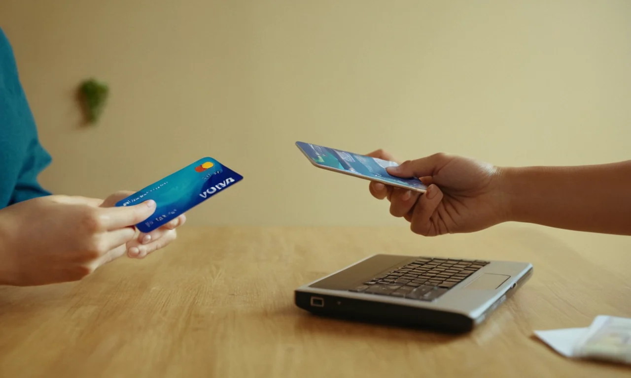 Una persona que tiene un teléfono con una tarjeta de crédito o declaración bancaria en pantalla