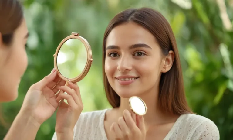 Mujer de 25 años de edad con suave sonrisa sosteniendo un espejo en su cara