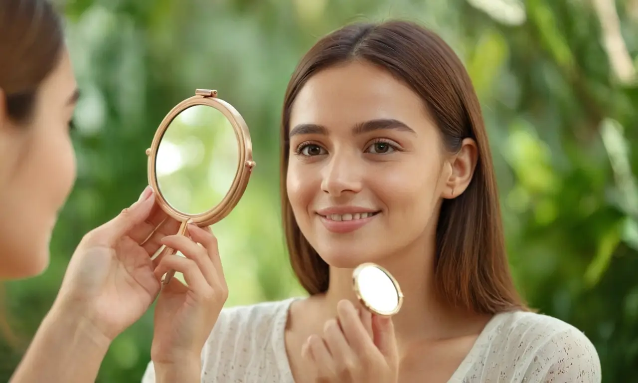 Mujer de 25 años de edad con suave sonrisa sosteniendo un espejo en su cara
