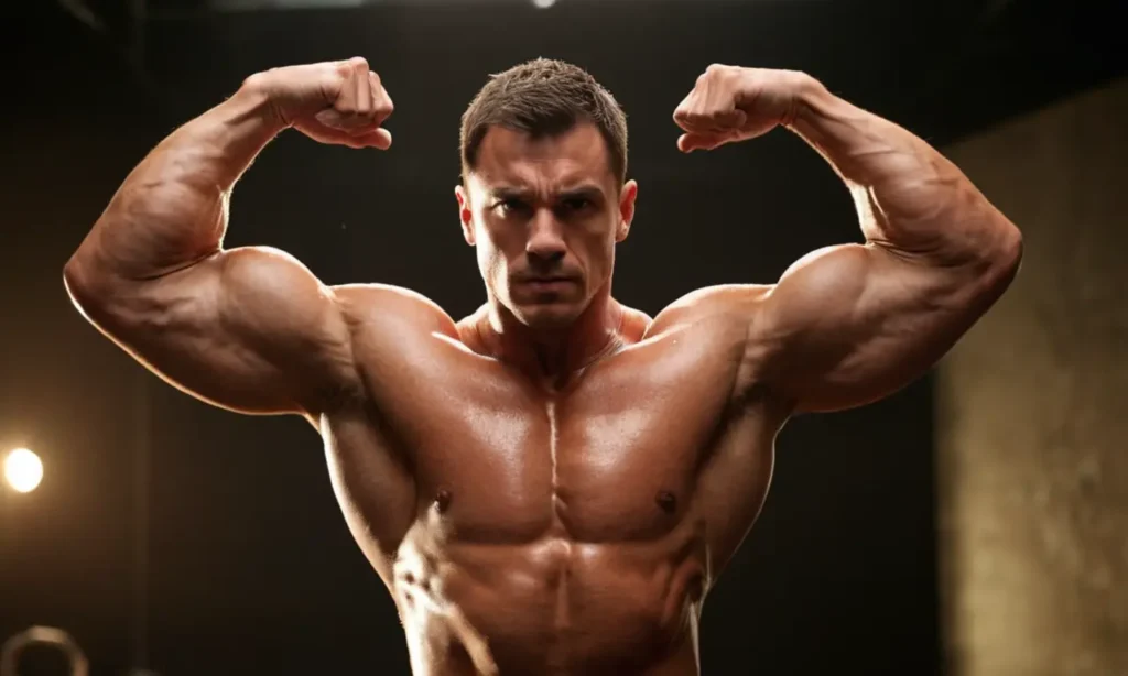 Un poderoso culturista masculino flexionando sus músculos