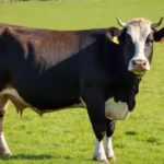 Una fuerte y poderosa vaca masculina en un campo