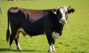Una fuerte y poderosa vaca masculina en un campo