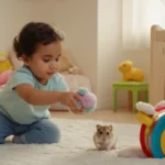 Curioso niño sosteniendo animal relleno juguetón