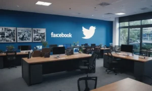 Una oficina moderna o espacio de trabajo con varios iconos de redes sociales como Facebook