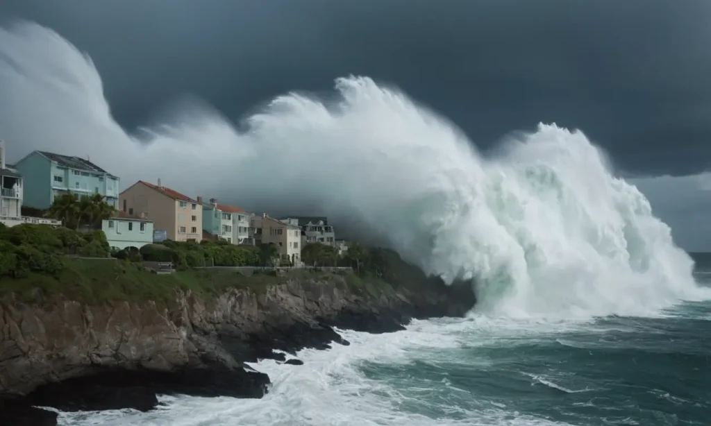 enormes olas oceánicas que chocan en una costa
