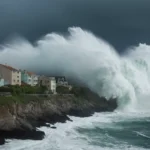 enormes olas oceánicas que chocan en una costa