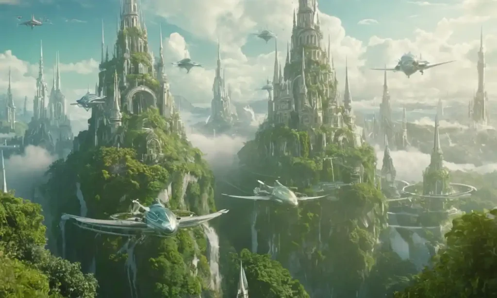 Paisaje urbano futurista de estilo 1920 con máquinas voladoras