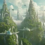 Paisaje urbano futurista de estilo 1920 con máquinas voladoras