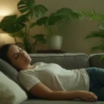 Una persona acostada en un sofá con una expresión tranquila