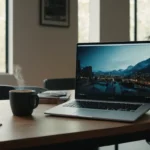 portátil 3D en un escritorio con pantallas abiertas
