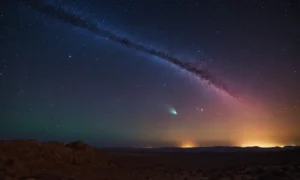 Comet streaking across starry sky