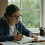 Un estudiante que estudia en una mesa con libros de texto