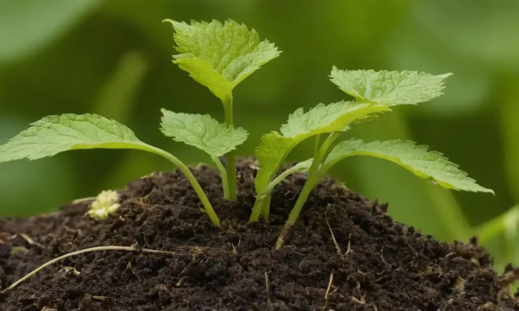 Hojas desplegándose de nodo comas pequeñas plantas comas troncos blandos comas delicadas raíces comas medio ambiente natural comas suelo comas plantas creciendo juntas comas verdes