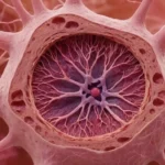 Parte del cuerpo humano de 3 dimensiones con flechas que conectan los vasos linfáticos y los ganglios