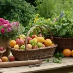 Una mezcla colorida de frutas maduras y verdes frondosos en una mesa de madera rústica