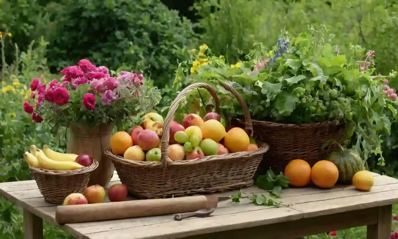 Una mezcla colorida de frutas maduras y verdes frondosos en una mesa de madera rústica