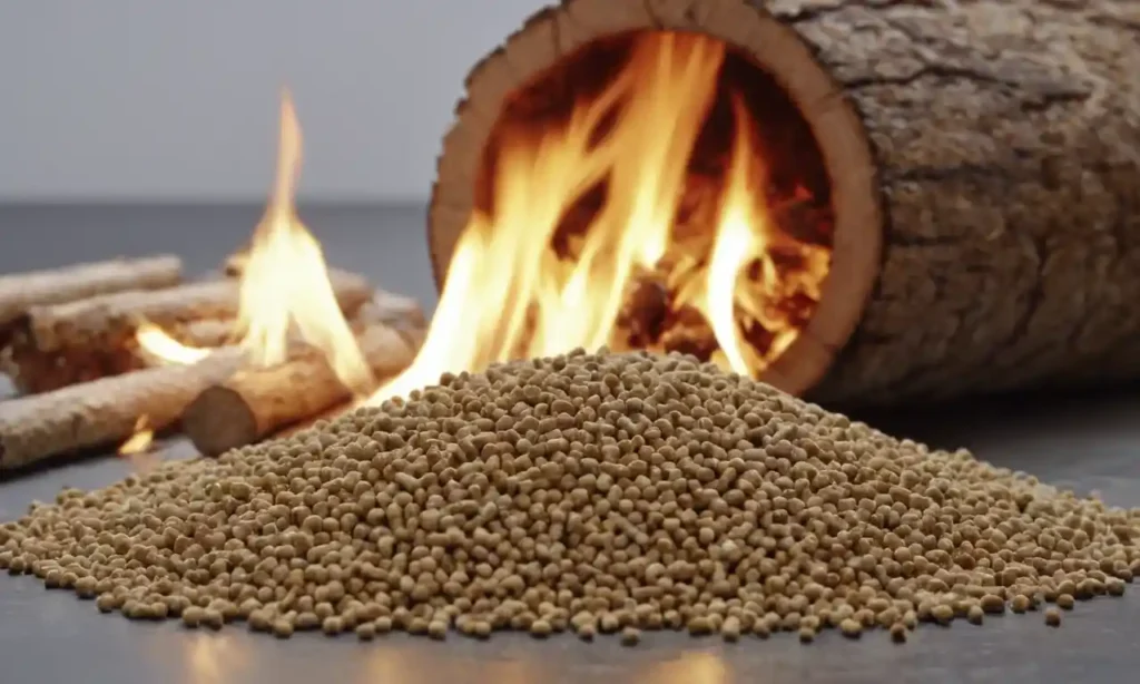 3D rendering of biofuels pellets with burning wood logs in the background