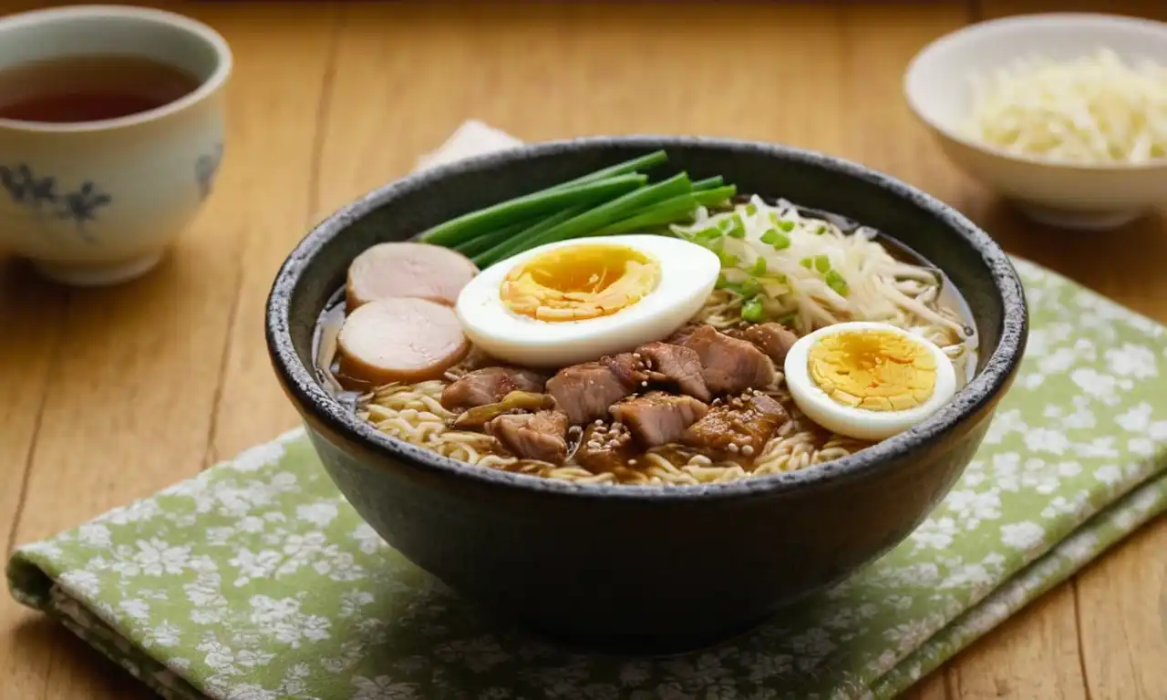 Un cuenco caliente de vapor de fideos de ramen con textura primaveral