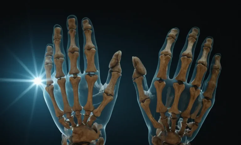 Modelo 3D de esqueleto humano con rayos X emergentes de manos