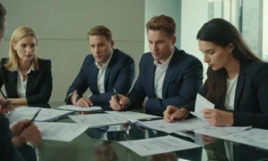 3-4 empresarios o empresarios sentados alrededor de una mesa con varios estados financieros y documentos distribuidos ante ellos