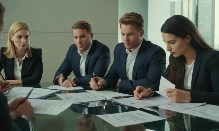 3-4 empresarios o empresarios sentados alrededor de una mesa con varios estados financieros y documentos distribuidos ante ellos