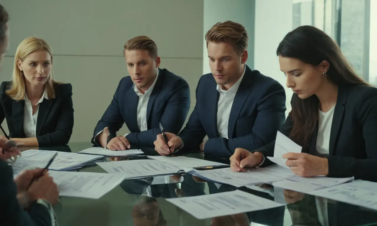 3-4 empresarios o empresarios sentados alrededor de una mesa con varios estados financieros y documentos distribuidos ante ellos