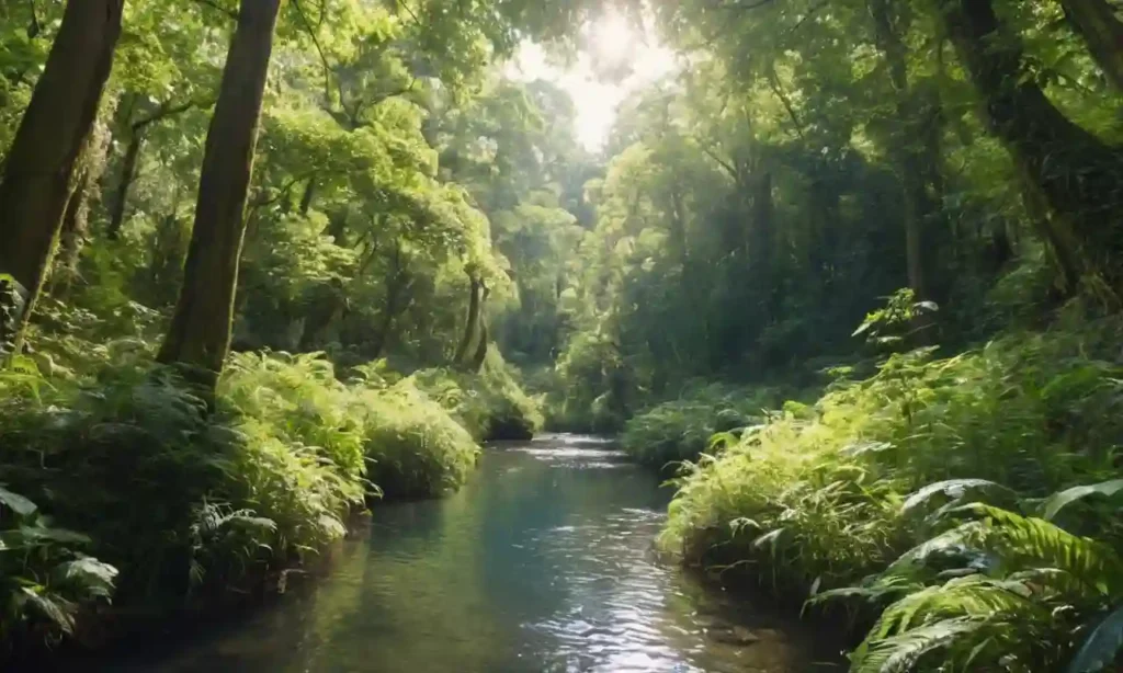 Un exuberante bosque verde con árboles torrentes