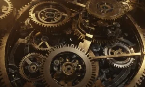 Ilustración 3D de engranajes y componentes mecánicos con eje central en movimiento
