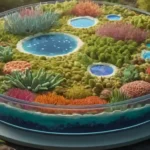 Una ilustración colorida de diversas células vegetales y animales