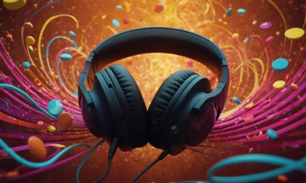Auriculares 3D rodeados de ondas sonoras giratorias