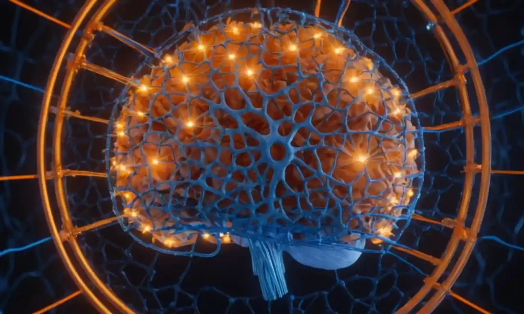 3D rendering of a brain with highlighted neurons