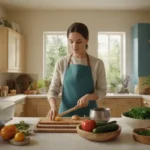 3D persona que realiza actividades de vida diaria como cocinar
