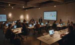 Diseño 3D de espacio de trabajo creativo con pizarra blanca